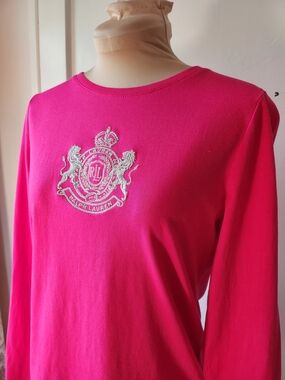 LRL Ralph Lauren Active Hot Pink Long Sleeve Tee with Silver Embroidered Crest